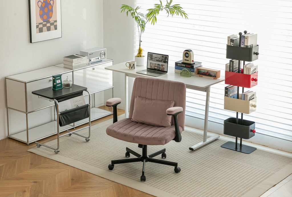 Pink Velvet Criss Cross Armrest Office Chair with Wheels - Comfortable for Home Office, Reading & Vanity | Premium Home Decor