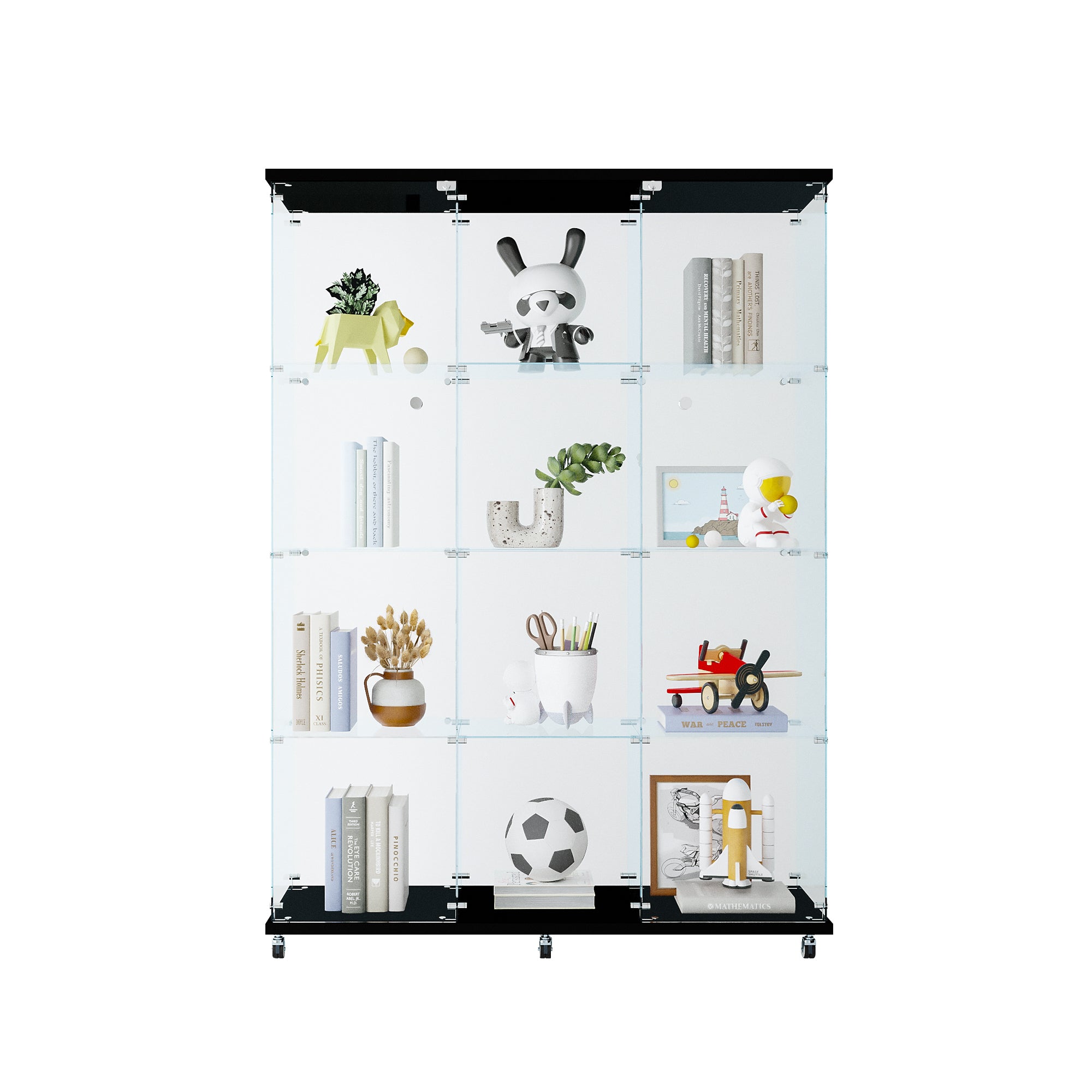 Glass Display Cabinet with 4 Shelves Extra Large, Curio Cabinets for Living Room, Bedroom, Office, Black Floor Standing Glass