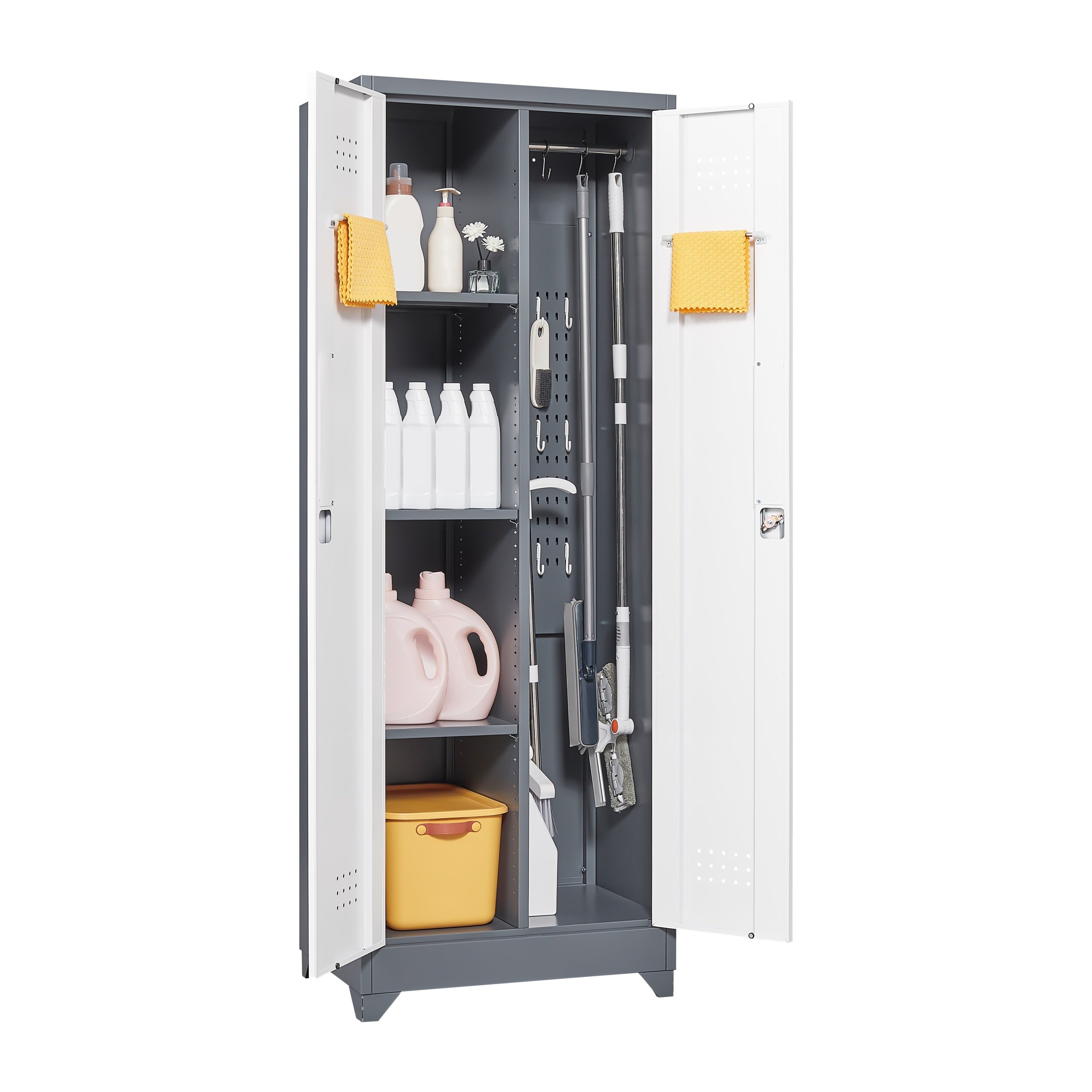 Heavy Duty Grey Metal Storage Cabinet with Locking Doors, Hanging Rod & Shelves, 65' H Broom Closet for Garage or Basement | 