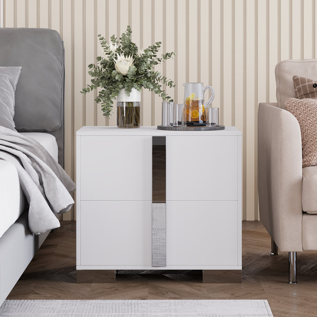 Modern End Table with Drawers, Elegant Nightstand with Metal Foot,Wood Bedside Table with Mirrored Metal Handles,Sofa Side End Table for Bedroom Living Room Office,White - Grand Goldman Shop