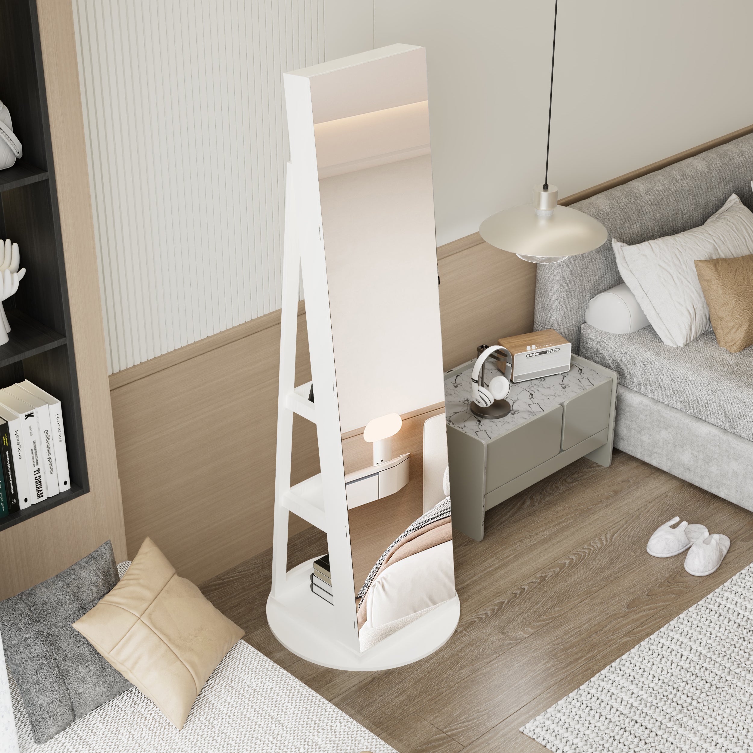 360°Swivel Jewelry Cabinet with Full Length Mirror, 360°Rotating Standing Jewelry Armoire Organizer, Lockable Storage Cabinet, Interior Lighted Mirror, White - Grand Goldman Shop