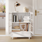 Minimalist White Buffet Cabinet with Double Glass Doors and Drawer, Modern Wooden Storage Sideboard Cupboard for Living room, Dining Room Hallway Entryway - Grand Goldman Shop