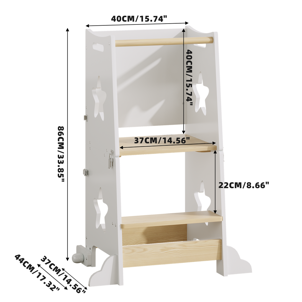 3-in-1 Toddler Kitchen Step Stool, Foldable Learning Standing Tower with Blackboard, Wooden Kitchen Stool Helper for Kids, 1-