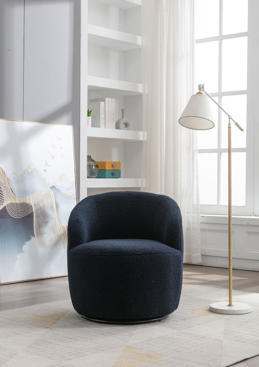 Teddy Fabric Swivel Accent Armchair Barrel Chair With Black Powder Coating Metal Ring,Dark Blue - Grand Goldman Shop