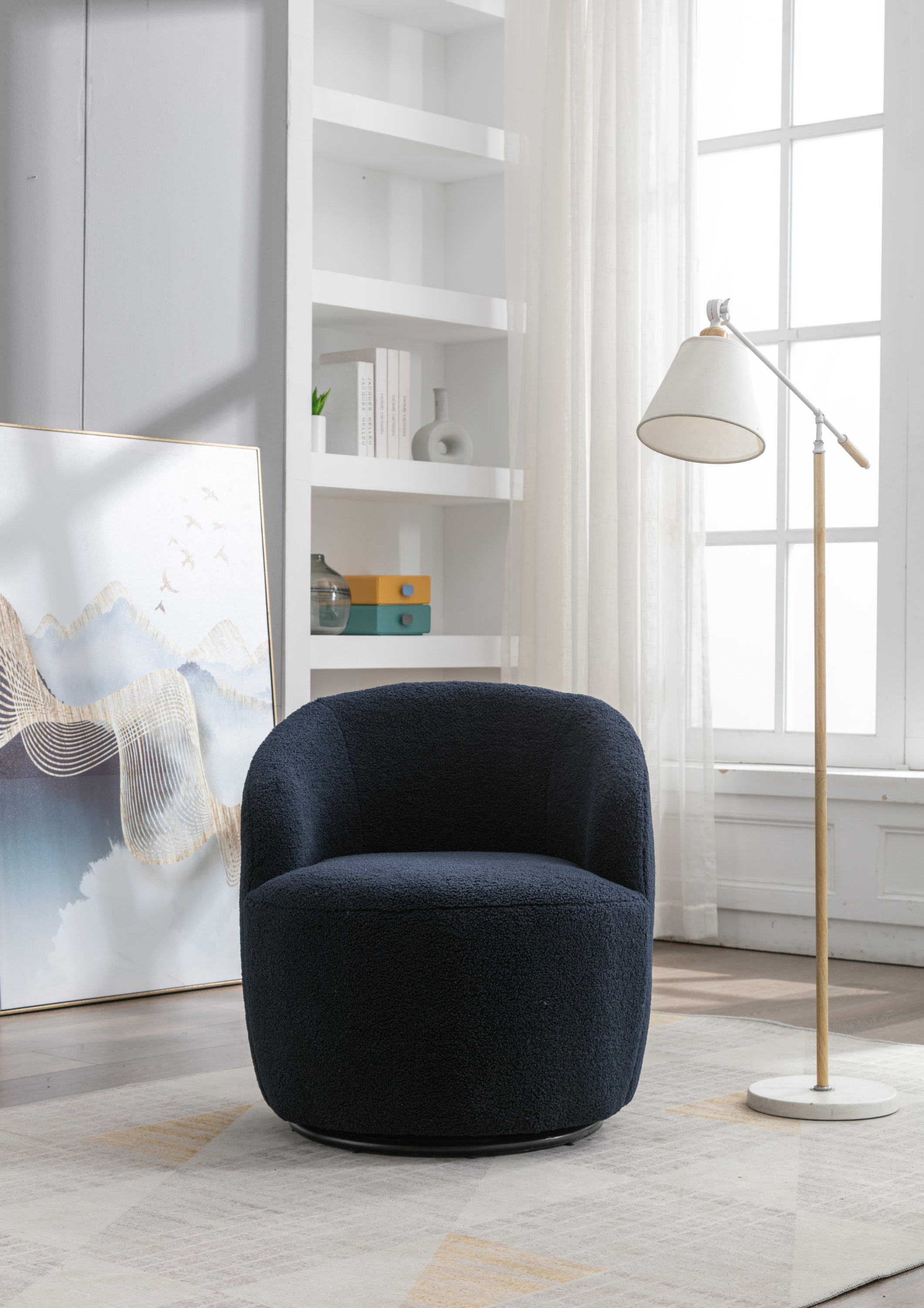 Teddy Fabric Swivel Accent Armchair Barrel Chair With Black Powder Coating Metal Ring,Dark Blue - Grand Goldman Shop