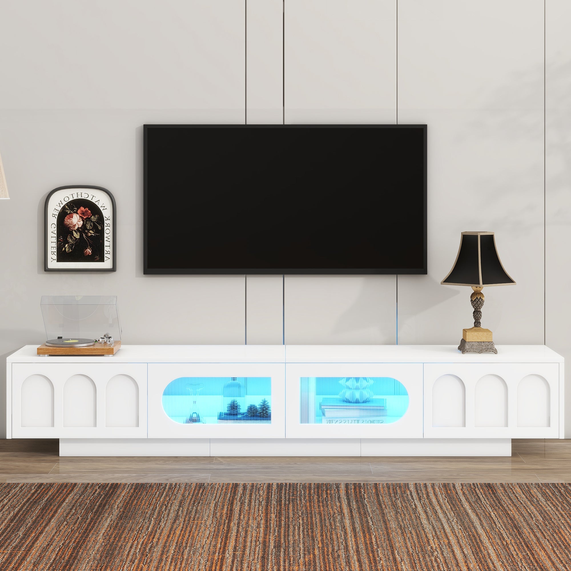 ON-TREND TV Stand with Fluted tempered Glass Doors for TVs Up to 95'', Functional Media Console with Arched Cabinet Doors, Entertainment Center with APP-Controlled LED Light for Living Room, White - Grand Goldman Shop