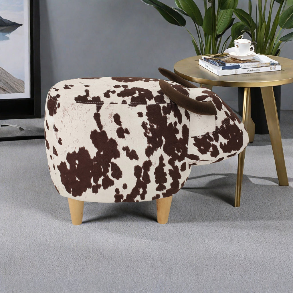 Cow-Shaped Modern Ottoman Footstool in Brown and White Fabric with Velvet Horns, Birch Legs, 25.25 x 14.00 x 16.75 inches - Grand Goldman Shop