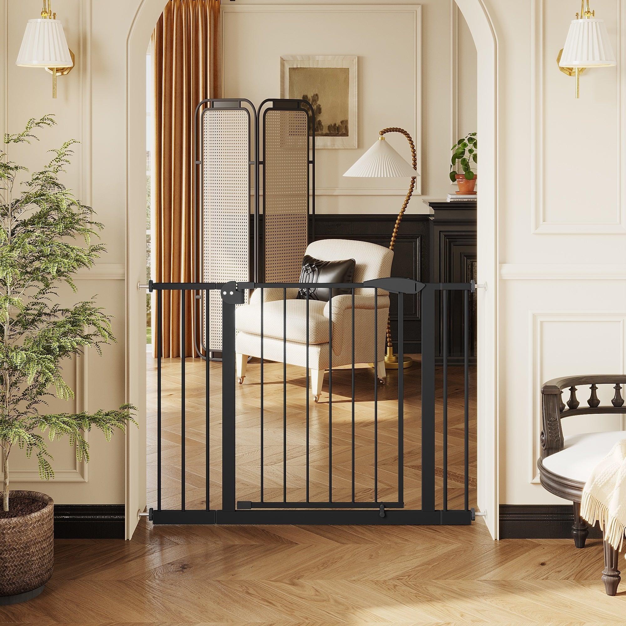 Black Pressure-Mounted Baby Gate for Stairs and Doorways, 29.5-44.1' Wide, Steel and ABS Construction, Easy Walk-Through Safe
