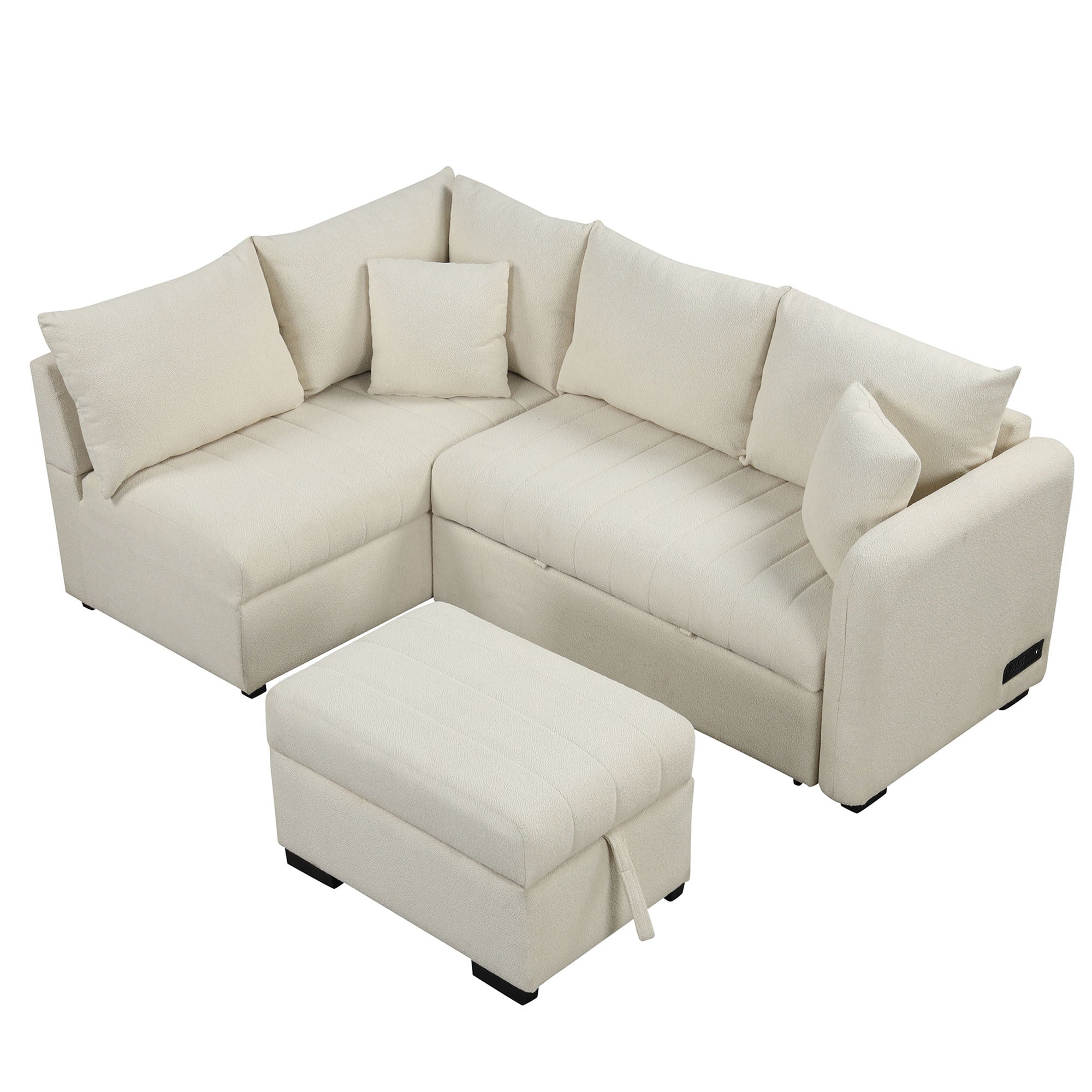 Modern L-shaped Sectional Pull Out Sofa Bed with USB Ports and Storage Ottoman, Beige, Jacquard Fabric, 82.6' - Grand Goldman Shop