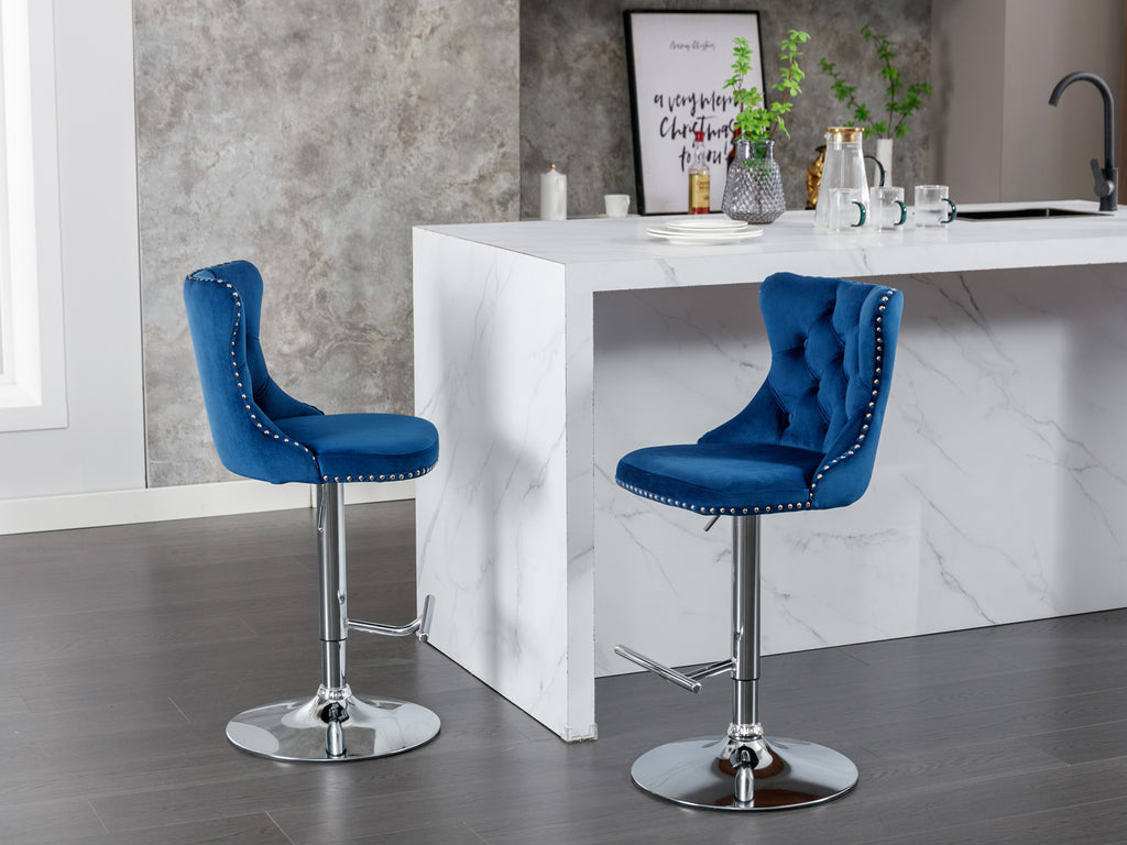 A&A Furniture,Swivel Velvet Barstools Adjusatble Seat Height from 25-33 Inch, Modern Upholstered Chrome base Bar Stools with Backs Comfortable Tufted for Home Pub and Kitchen Island（Blue,Set of 2） - Grand Goldman Shop