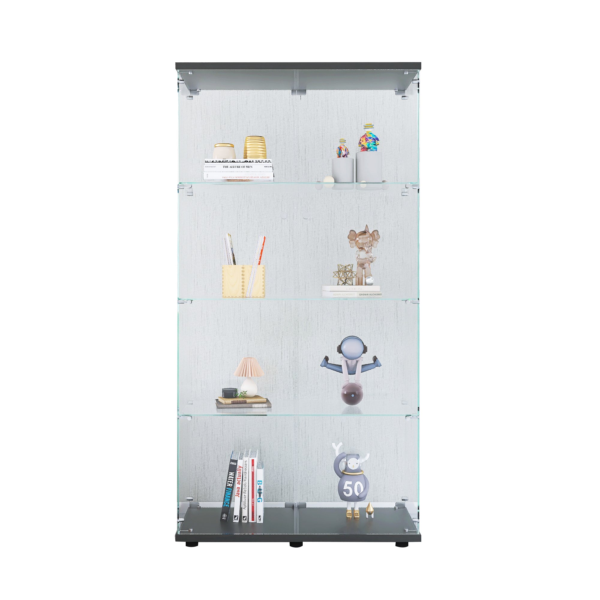 Two-door Glass Display Cabinet 4 Shelves with Door, Floor Standing Curio Bookshelf for Living Room Bedroom Office,  64.7'*31.