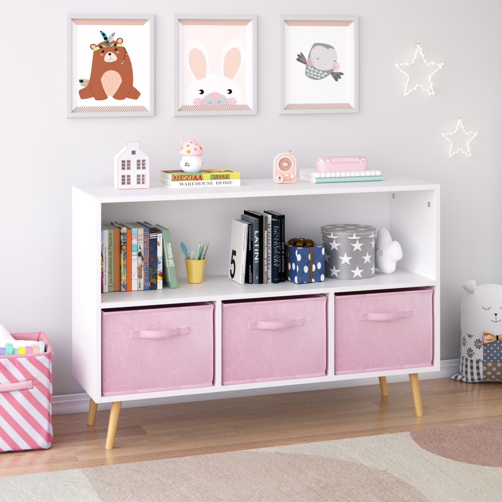 Modern Kids Bookcase with Collapsible Fabric Drawers, Children's Book Display & Toy Storage, White/Pink MDF & Pine Legs | Pre