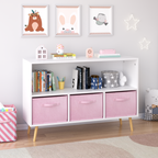 Modern Kids Bookcase with Collapsible Fabric Drawers, Children's Book Display & Toy Storage, White/Pink MDF & Pine Legs | Pre
