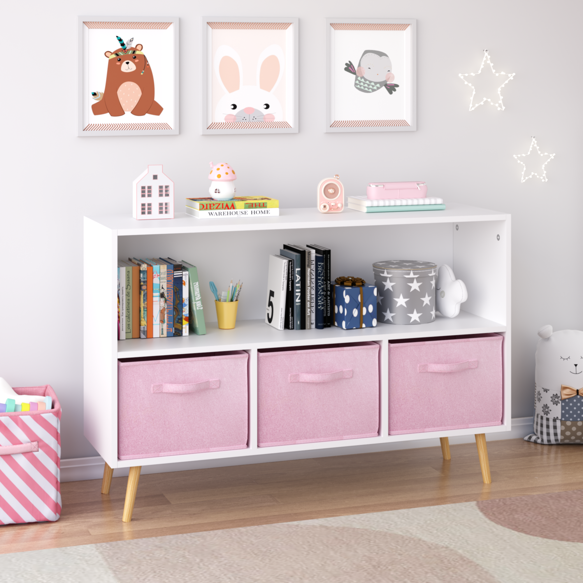 Modern Kids Bookcase with Collapsible Fabric Drawers, Children's Book Display & Toy Storage, White/Pink MDF & Pine Legs | Pre