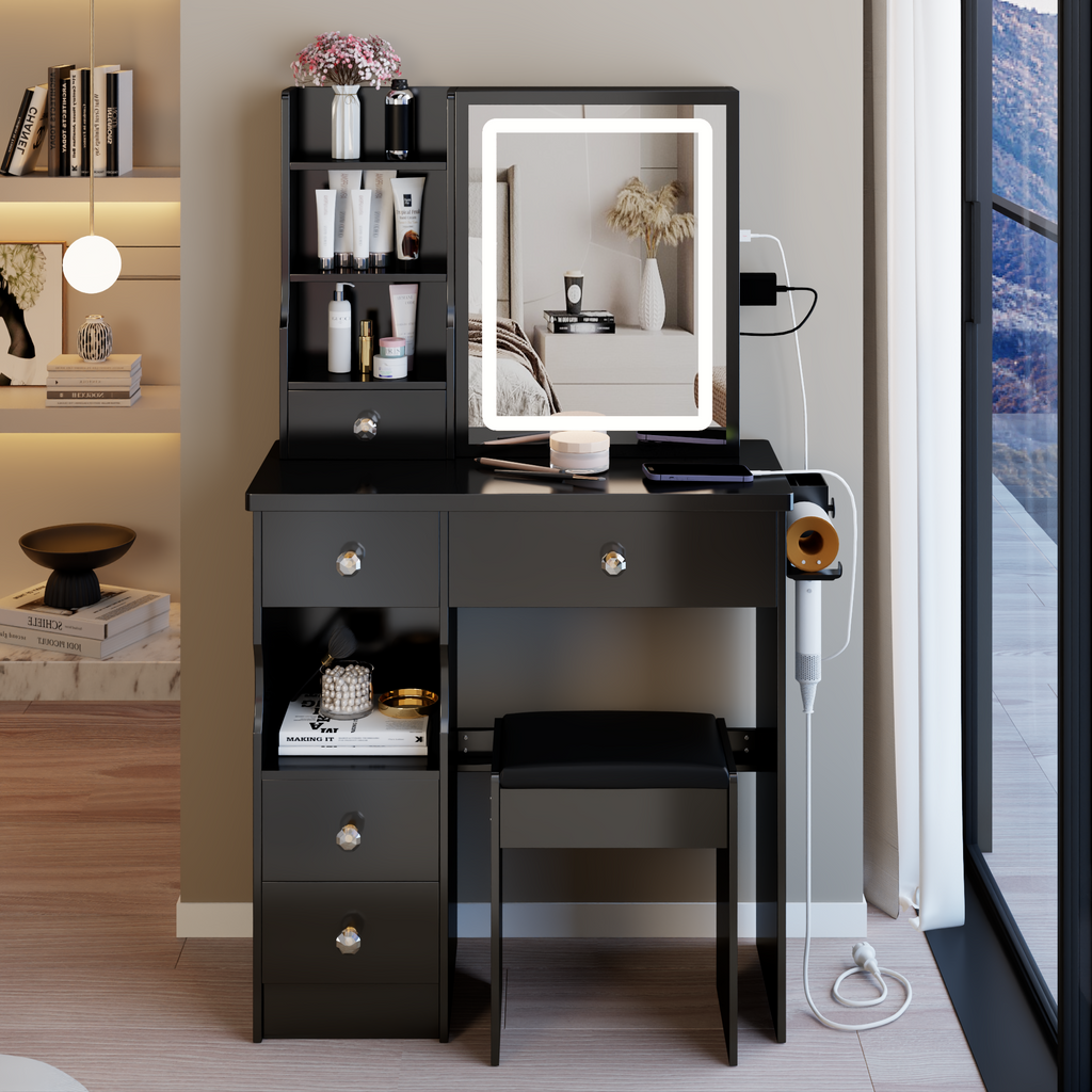 29.2' Small Size Drawer Desktop Vanity Table + Cushioned Stool, 2 AC+2 USB Power Station, Hair dryer bracket, Extra Large Touch Control Sliding LED Mirror, 3-color Switching, EPA, GCC, UL Certificate - Grand Goldman Shop