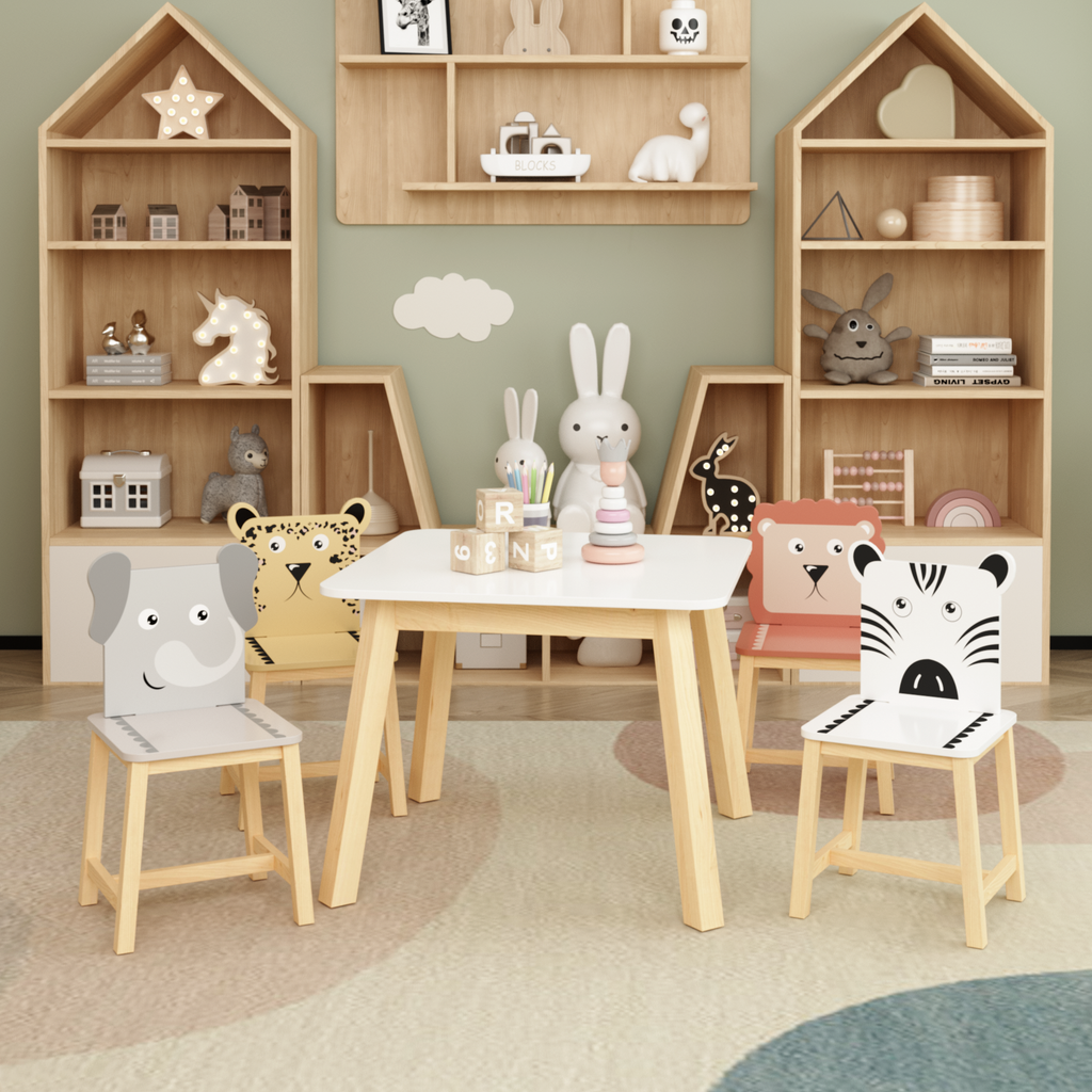 Kids Wood Table and Chair Set with Cartoon Animals Design, White Solid Wood & MDF Furniture for Ages 3-8, 5-Piece Table and C