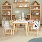 Kids Wood Table and Chair Set with Cartoon Animals Design, White Solid Wood & MDF Furniture for Ages 3-8, 5-Piece Table and C
