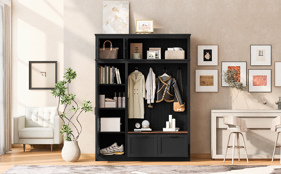 3-in-1 Hall Tree with Overhead Storage Cabinet, 3 Adjustable Side Shelves, 4 Heavy-Duty Hooks, 2 Spacious Drawers, Grooved Back Panel Design, Contrasting Seat Bench, Multifunctional Entryway Organizer - Grand Goldman Shop