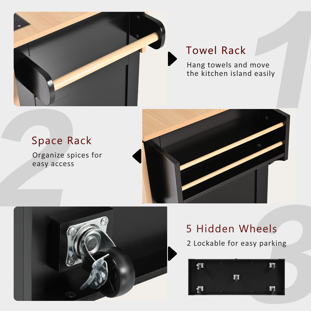 K&K 55.7'' Large Kitchen Island with 2 Drop Leaf,, Rolling Kitchen Cart on 5 Wheels with Power Outlet, Folding Storage Dining Table with Spice & Towel Rack , 3 Drawers, for Kitchen, Dining Room,Black - Grand Goldman Shop