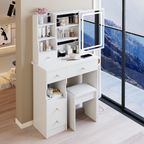 29.2' Small Size Left Drawer Desktop Vanity Table + Cushioned Stool, 2 AC+2 USB Power Station, Hair dryer bracket, Extra Large Touch Control Sliding LED Mirror, Tri-color Switching, Brightness Adjust - Grand Goldman Shop