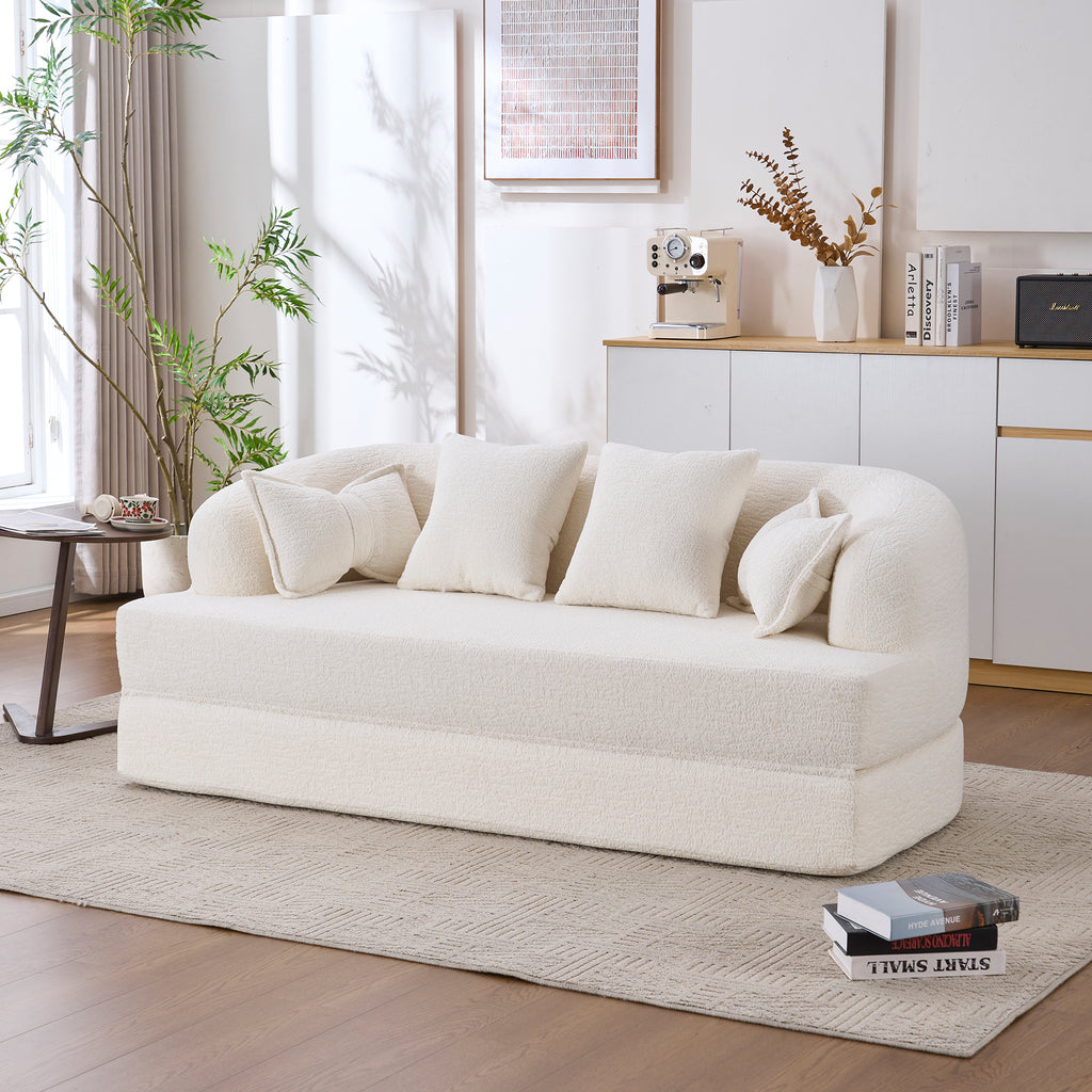 2-in-1 Foldable Sofa Bed,70 Inch Folding Boneless Couch Convertible Compressed Sleeper Sofabed, 4 Pillows for Living Room Apartment, Milk White - Grand Goldman Shop