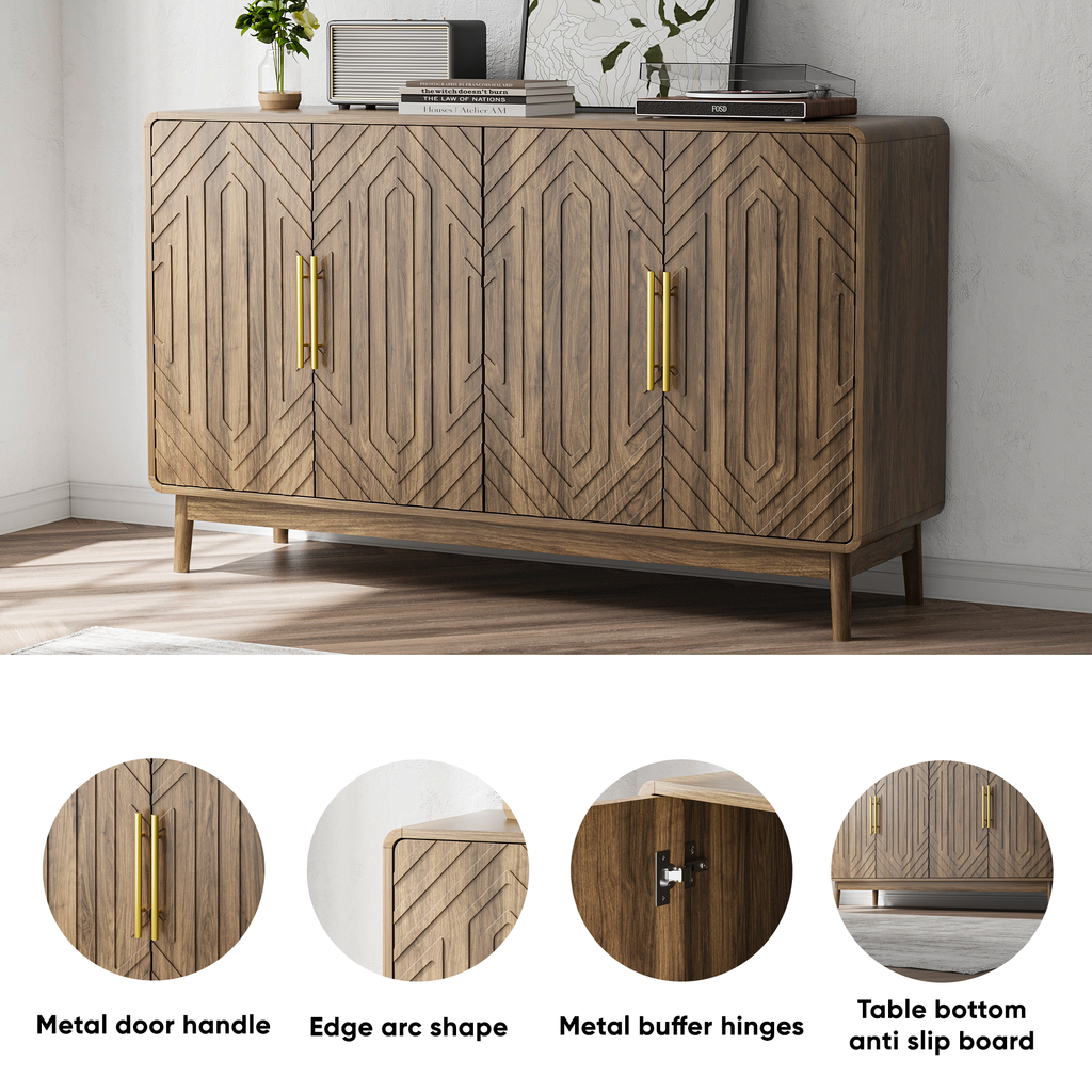 Modern Carved 4-Door Sideboard Buffet Cabinet with Storage, Adjustable Layer Board, Walnut Finish - Grand Goldman Shop