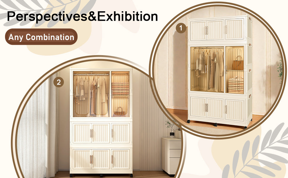 Portable Wardrobe Closet Storage Organizer with 9 Magnetic Doors, Cream White, - Grand Goldman Shop
