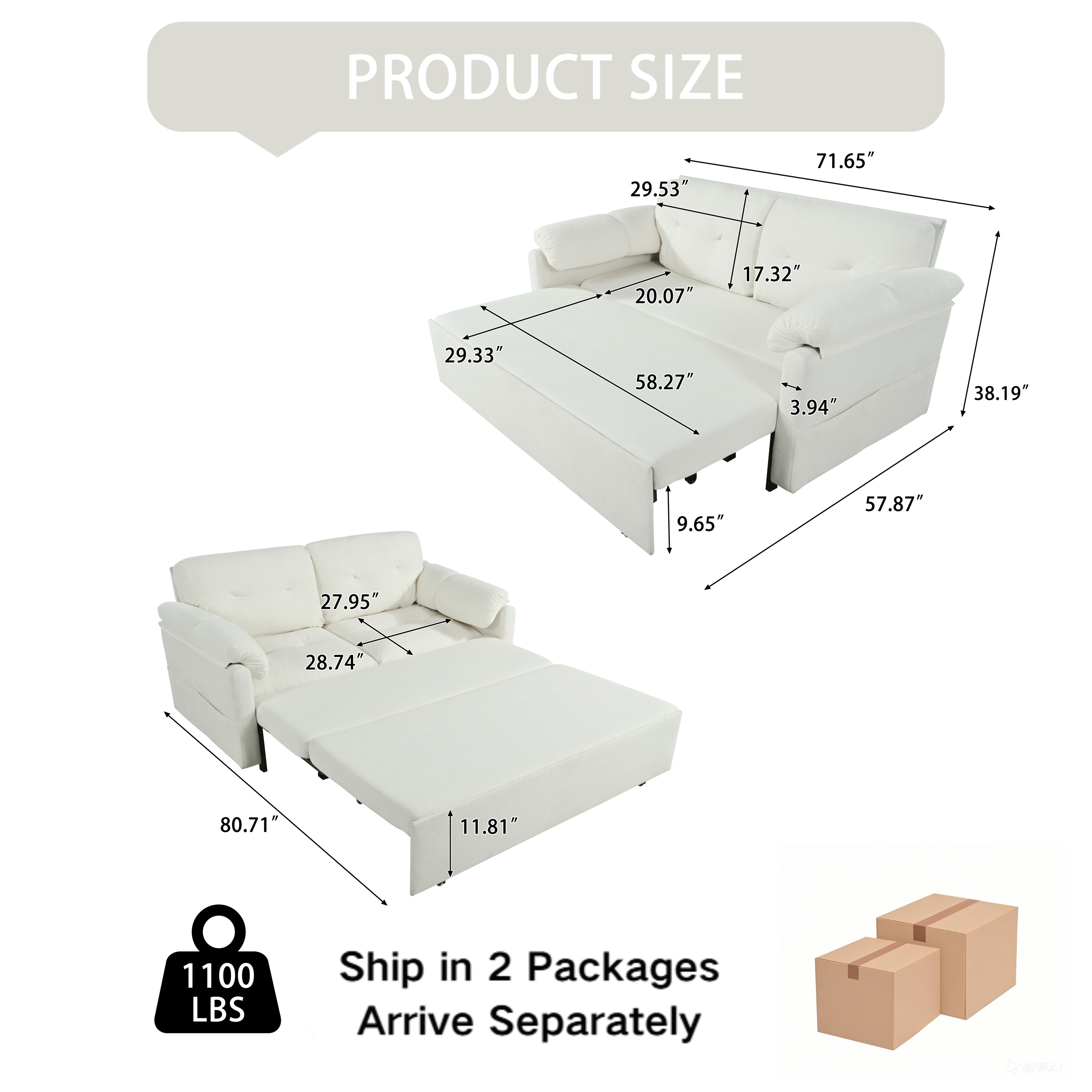 Convertible Pull-Out Queen Sleeper Sofa, 3-in-1 Loveseat with Side Storage & 8 Silent Casters, Beige Chenille Fabric, Fits Living Room, Bedroom, Apartment - Grand Goldman Shop