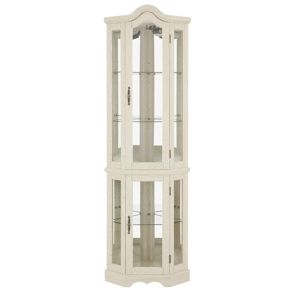 Curio Cabinet Lighted Glass Display Curio Cabinet w/Tempered Glass Doors and Shelves, Crown Corner Cabinet with Bulb, Corner Storage Decoration for Living room and Bedroom WHI - Grand Goldman Shop