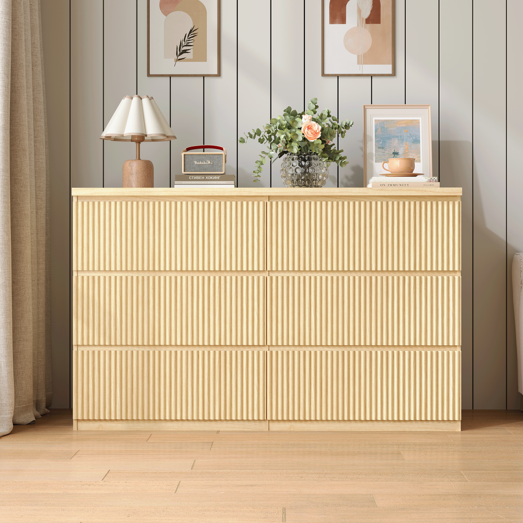 6 Drawer Storage Cabinet ,Dresser, Wood Storage Tower Clothes Organizer with Wavy drawer panel, Wide Chest of 6 Drawers, Large Storage Space for Bedroom, Hallway, Entryway Living Room Natural - Grand Goldman Shop