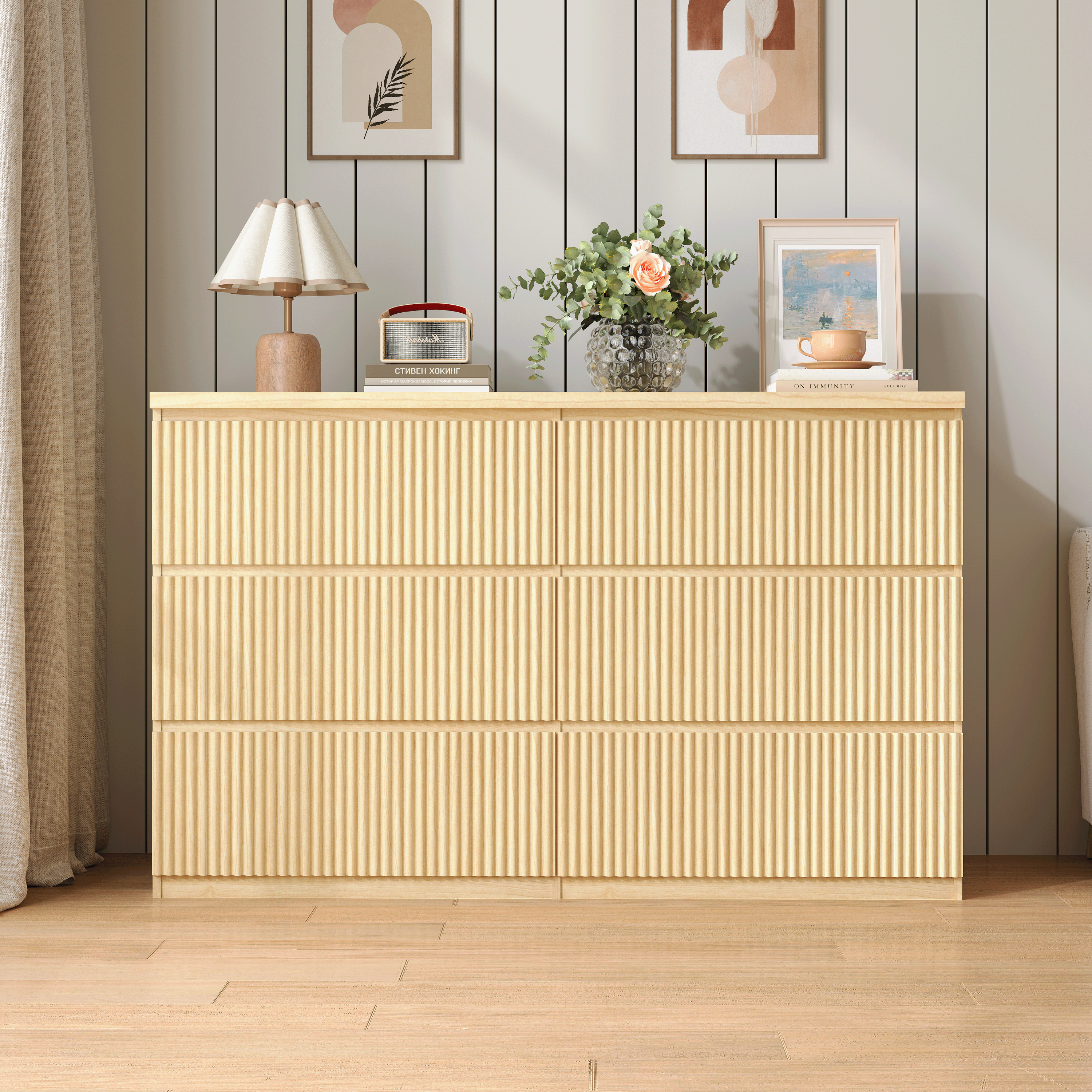 6 Drawer Storage Cabinet ,Dresser, Wood Storage Tower Clothes Organizer with Wavy drawer panel, Wide Chest of 6 Drawers, Large Storage Space for Bedroom, Hallway, Entryway Living Room Natural - Grand Goldman Shop