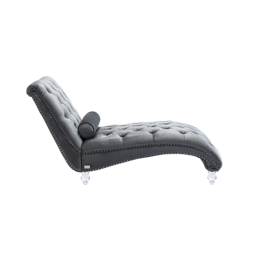 Velvet Chaise Lounge Indoor, Button-Tufted Upholstered Chaise Lounge Chair with Pillow, Silver Velvet, 63.98 Inches - Grand Goldman Shop