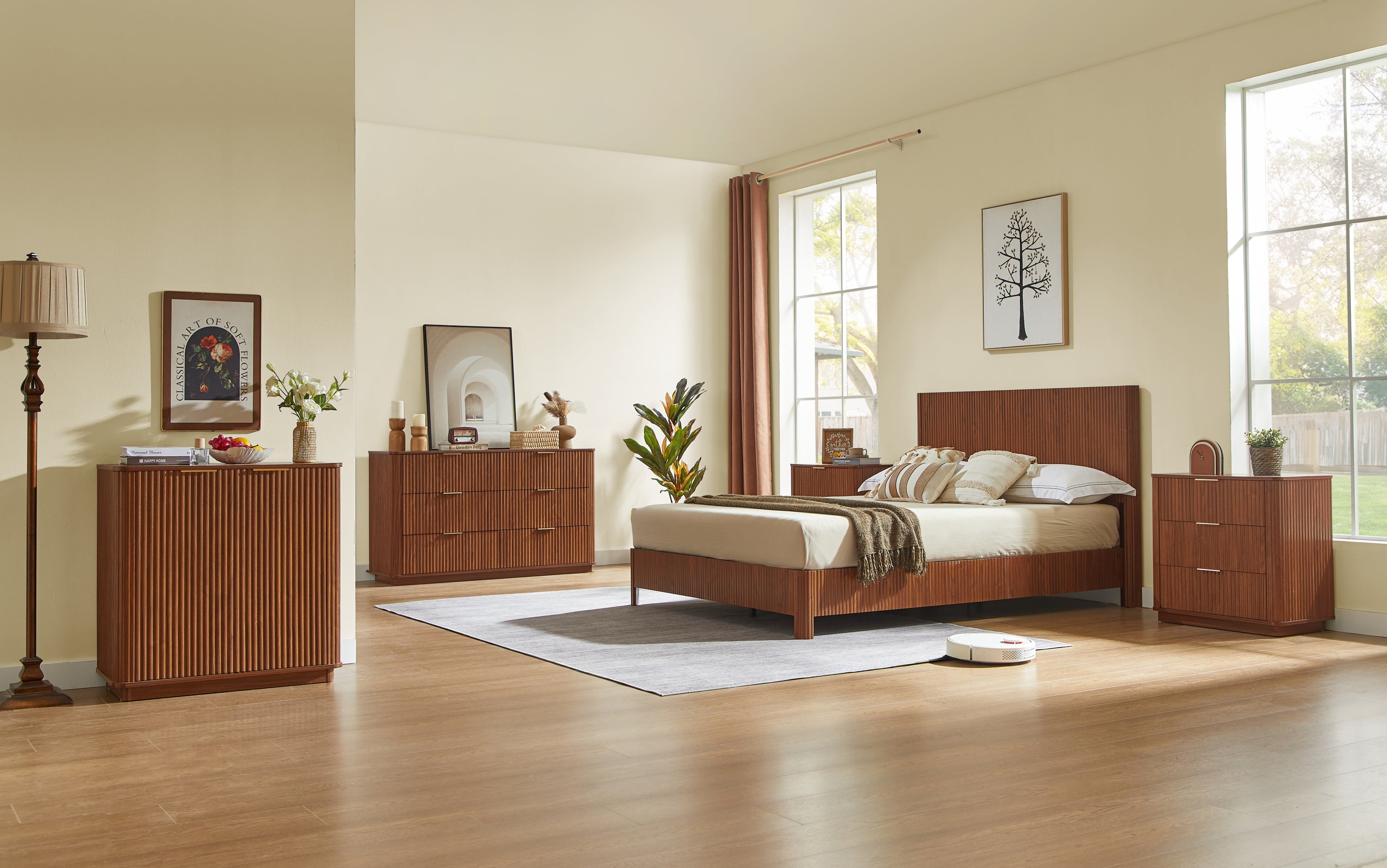 6 Drawers Dresser,55' Wide Modern Chest of Drawers Curved wave Design, Dresser TV Stand, Wood Drawer Organizer for Bedroom, Living Room, Hallway, Walnut,55.12''W x 15.75''D x 31.5''H. - Grand Goldman Shop