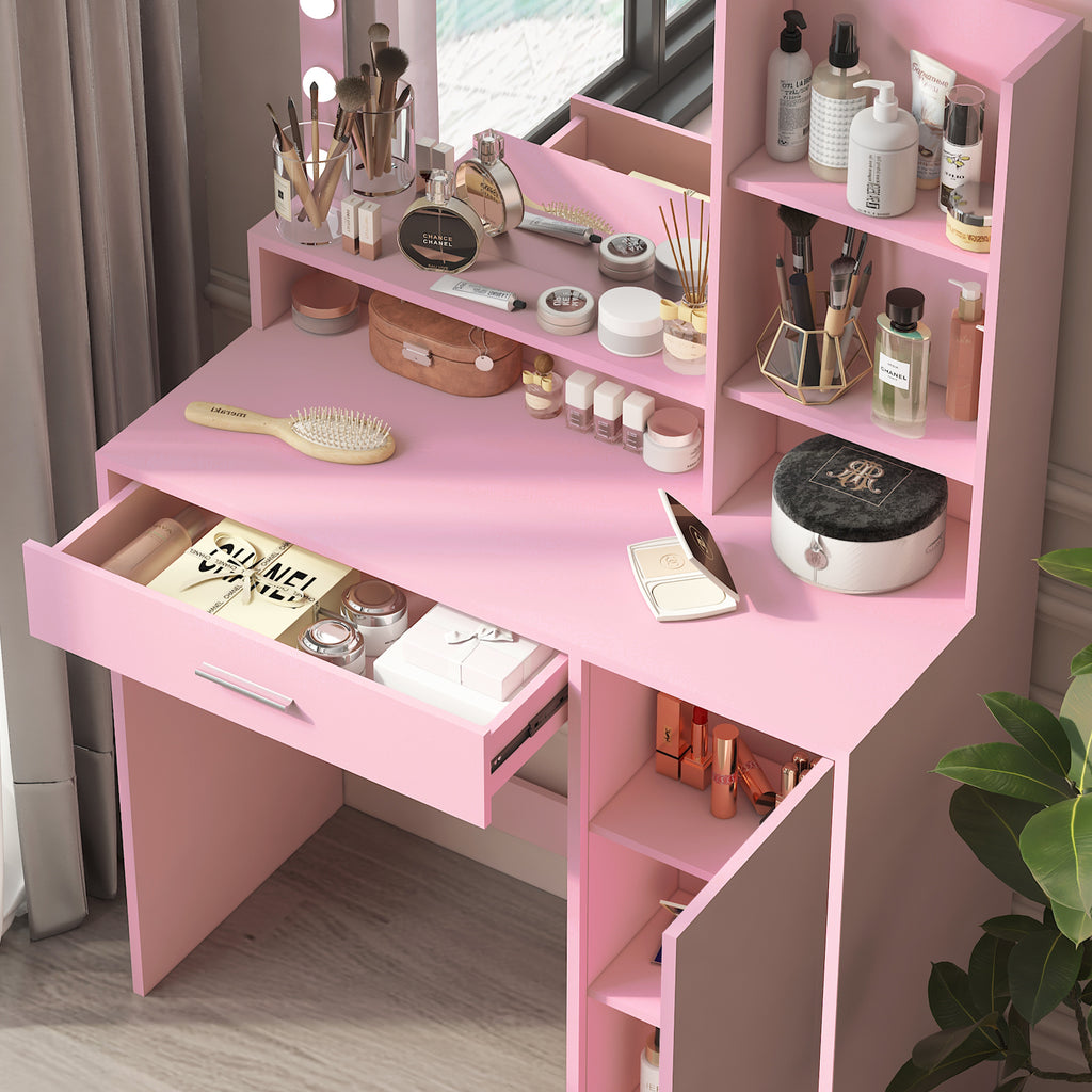 Vanity Desk with Mirror & Light, Large Drawer Three Level Storage Dresser, 3 Lighting Modes Adjustable Brightness, Bedroom Dressing Table(Pink) - Grand Goldman Shop
