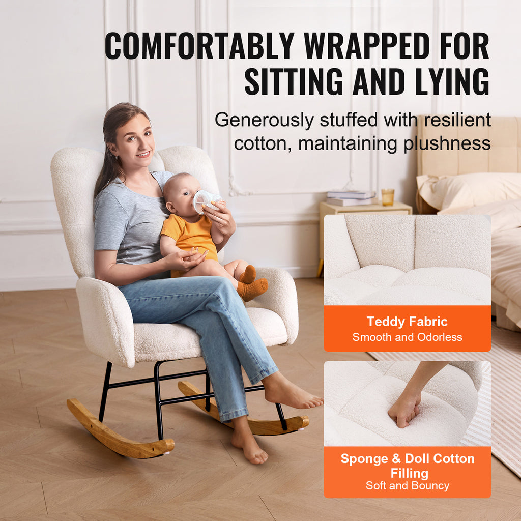 Rocking Chair Nursery, Glider Rocking Chair with Soft Seat and High Backrest, 250 lbs Weight Capacity Teddy Fabric, Upholstered Glider Rocker Chair for Nursery, Bedroom, Living Room, Ivory White - Grand Goldman Shop