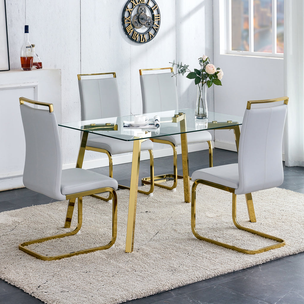 Modern minimalist style rectangular glass dining table with tempered glass tabletop and golden metal legs, suitable for kitchen, dining room, and living room, 51 ' * 31.5 ' * 29.5 '   1123 - Grand Goldman Shop