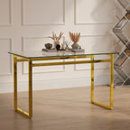 Modern Minimalist Rectangular Glass Dining Table with Tempered Glass Tabletop and Golden Chrome Metal Legs for 4-6 - Grand Goldman Shop