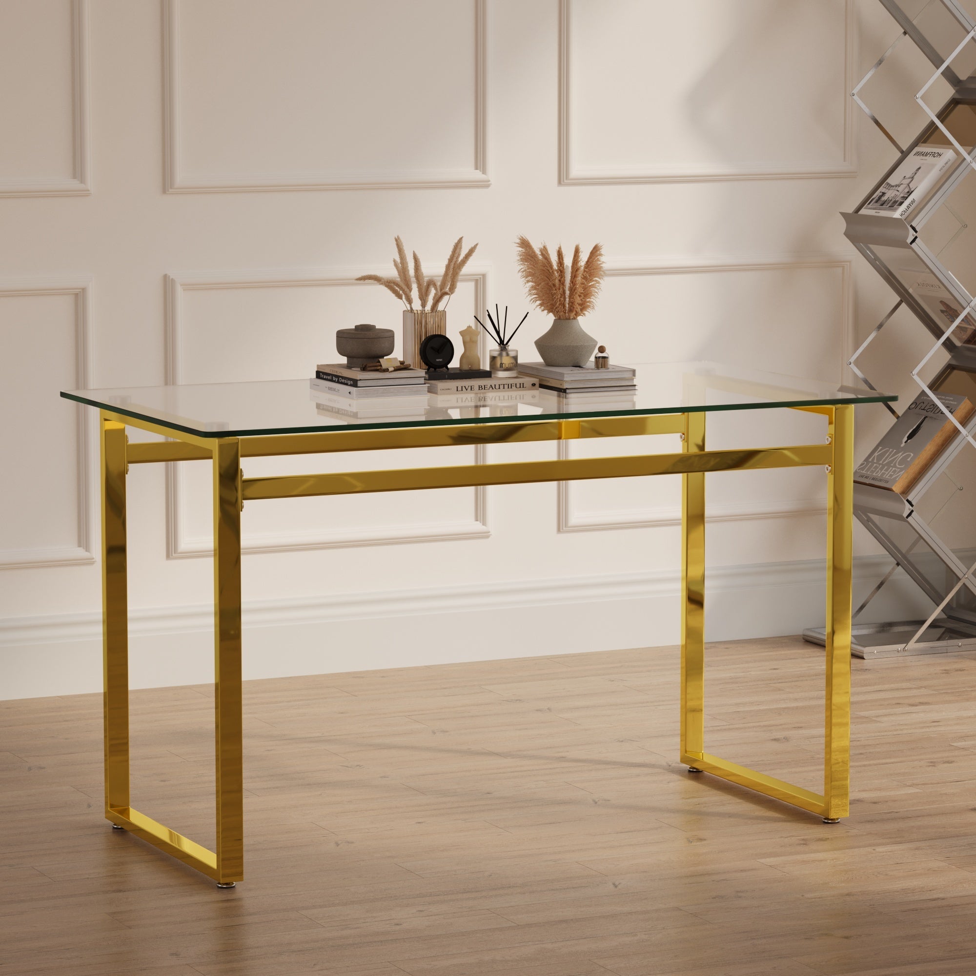 Modern Minimalist Rectangular Glass Dining Table with Tempered Glass Tabletop and Golden Chrome Metal Legs for 4-6 - Grand Goldman Shop