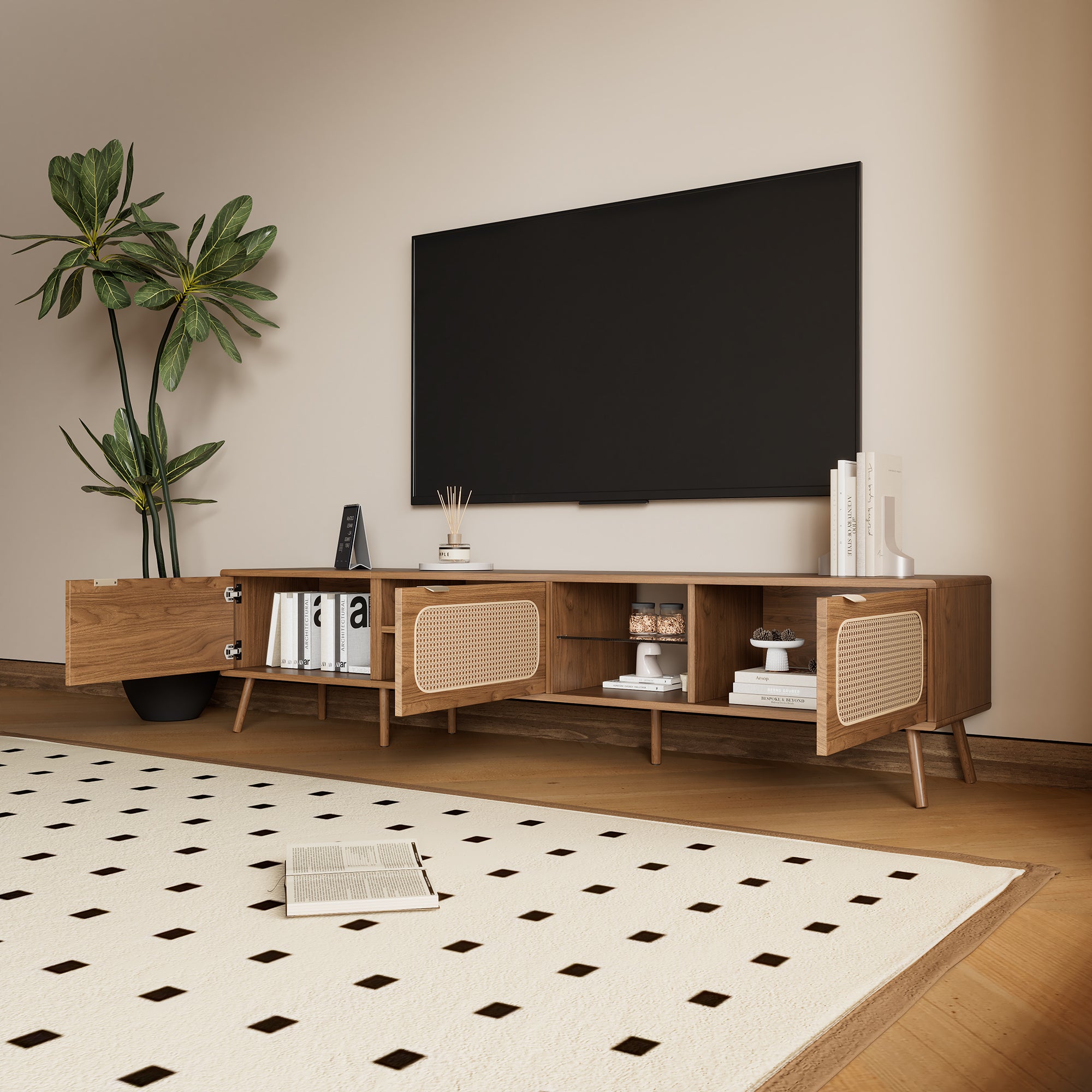 78' TV Stand for 75/80/85 inch TV with Walnut Finish, Ample Storage and Open Shelving in Solid Wood and Glass - Grand Goldman Shop