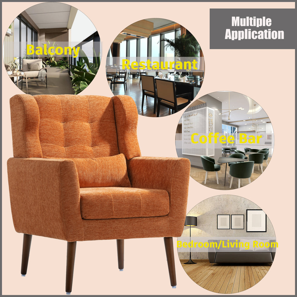 Modern Accent Chair,Chenille Arm Chairs for Living Room,Upholstered Mordern Armchair,Comfy Soft Padded Lounge Chair in Small Space, Bedroom, w/Pillow, Solid Wood Leg (Orange) - Grand Goldman Shop
