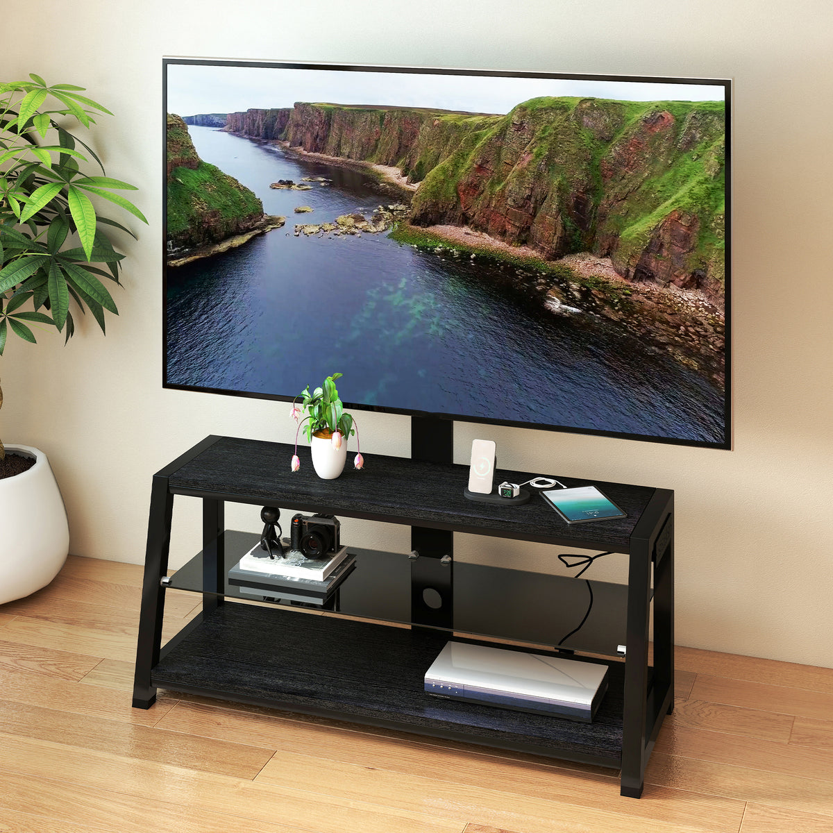 Wooden Storage TV Stand Black Tempered Glass Height Adjustable Universal Swivel Entertainment Center With Mount TV Stand,black - Grand Goldman Shop