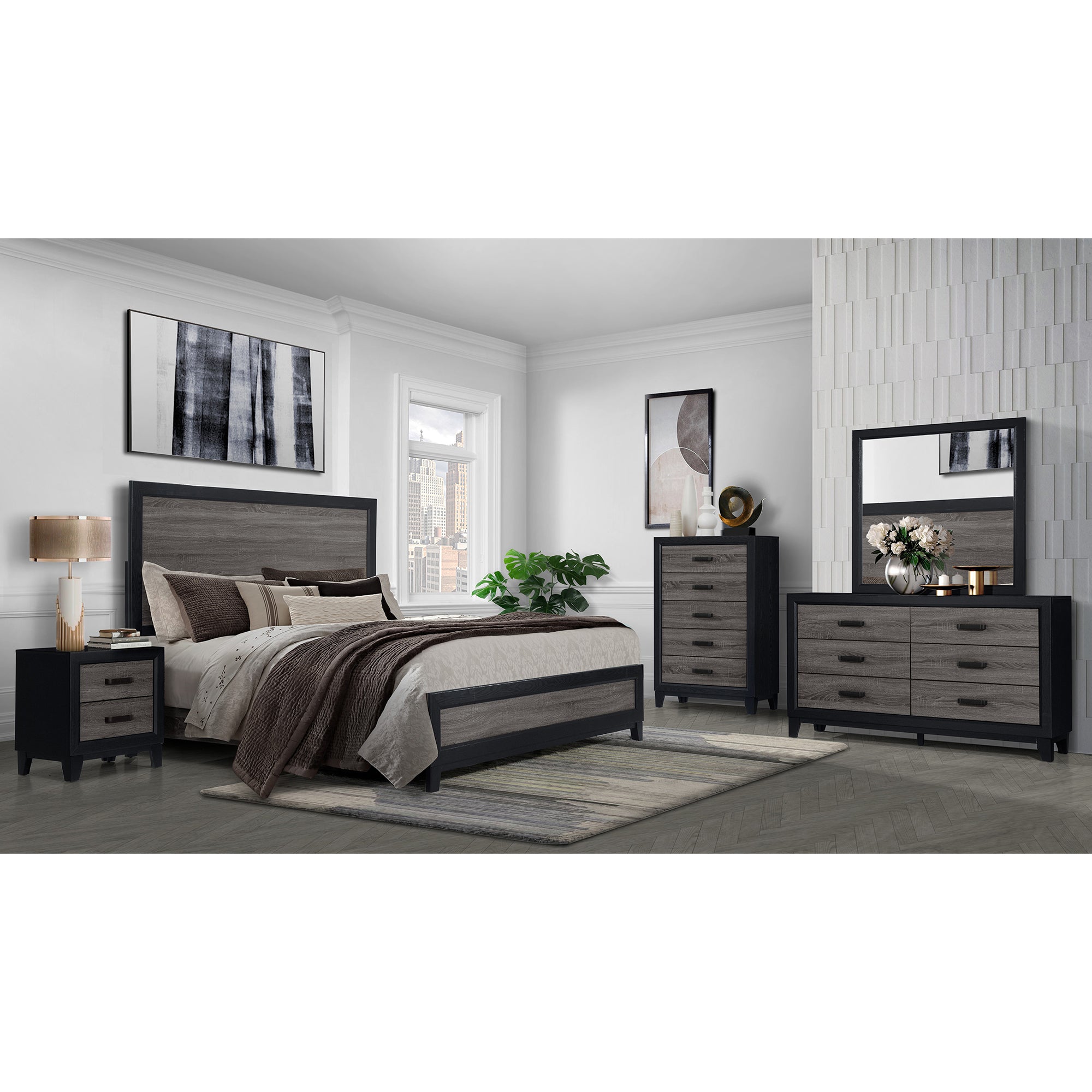 SOLUTO Urban Farmhouse Queen Bedroom Set with Rustic Gray and Black Finish, Solid Wood and MDF - Grand Goldman Shop