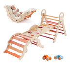 Pikler Triangle Set, 9-in-1 Toddler Climbing Toys Indoor, with 2 Wooden Cars, Cushion, Triangle, Arch, and Ramp, 150 lbs Load