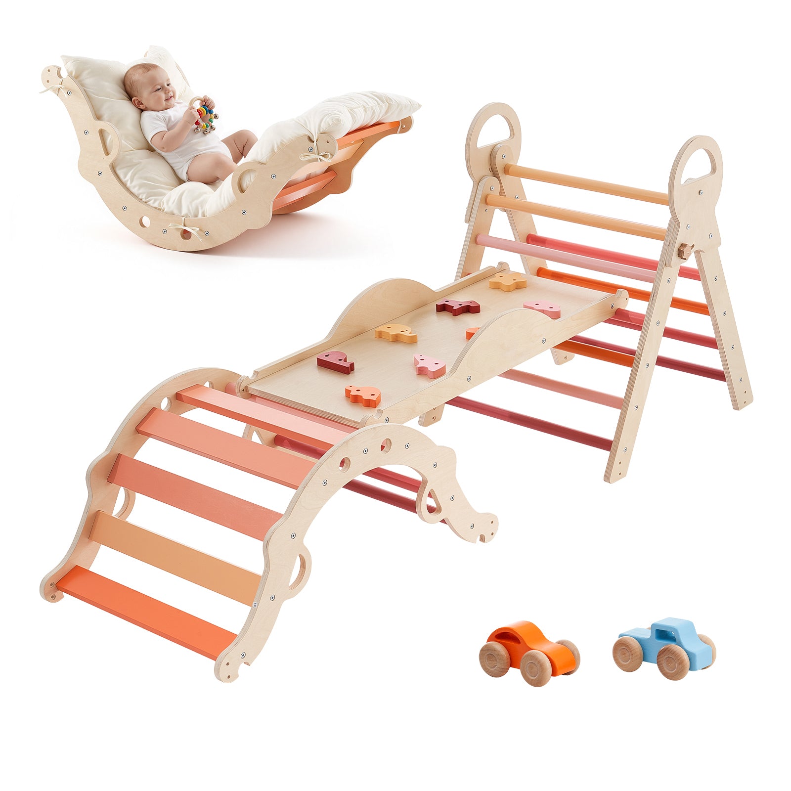 Pikler Triangle Set, 9-in-1 Toddler Climbing Toys Indoor, with 2 Wooden Cars, Cushion, Triangle, Arch, and Ramp, 150 lbs Load