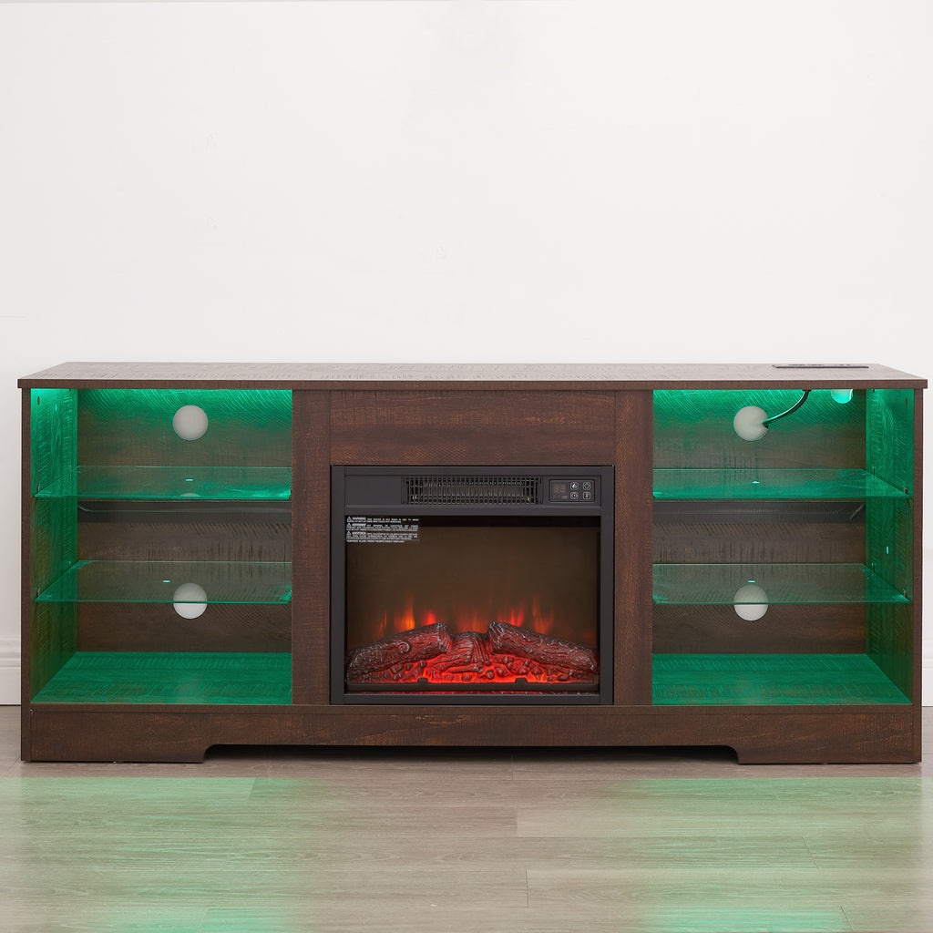 TV Stand Electric Fireplace TV Stand with Glass Shelves, 3D Fireplace TV Stand with LED Lights Wood with USB Charging Outlet Modern Television Table Center for TV up to 32-62' ESP 58''W*15.4''D*24.6 - Grand Goldman Shop