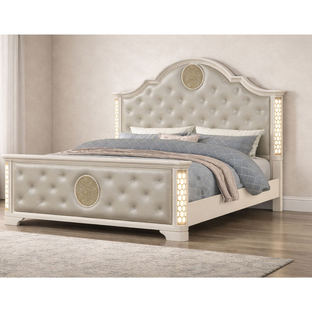 Jasmine Queen 5 Pc LED Bedroom Set in Beige made with Wood and Gold Accents - Grand Goldman Shop