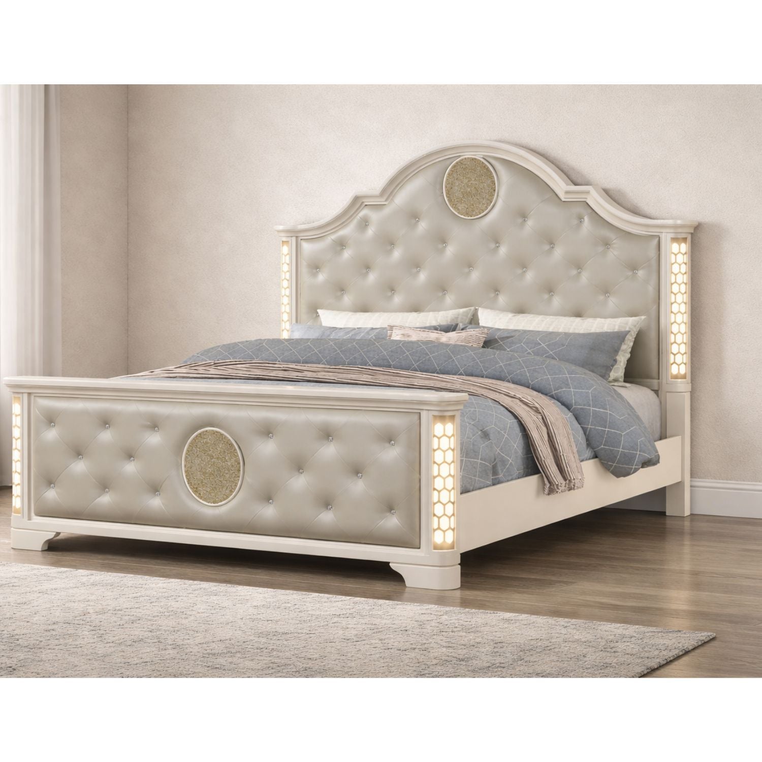 Jasmine Queen 5 Pc LED Bedroom Set in Beige made with Wood and Gold Accents - Grand Goldman Shop