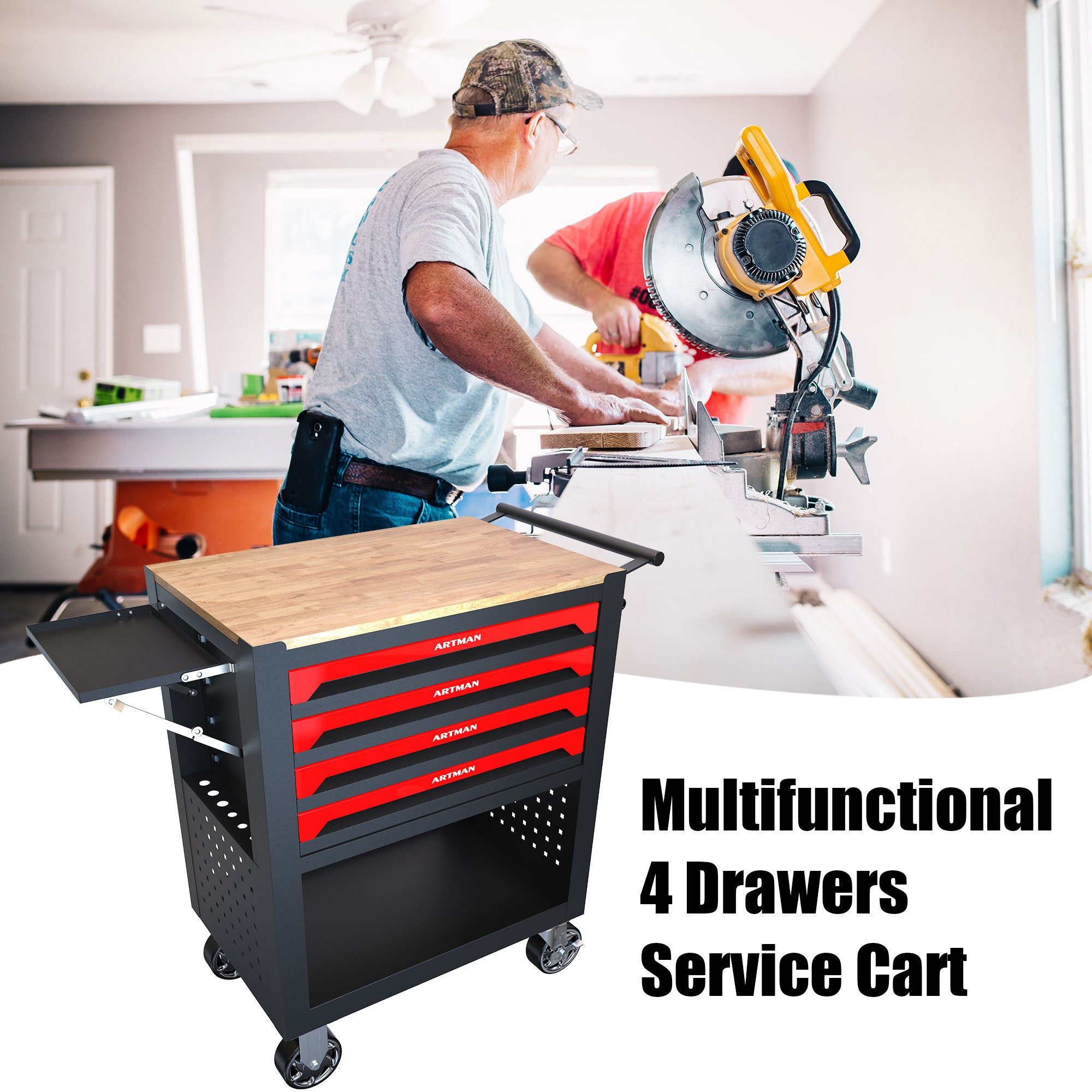4 Drawers Multifunctional Tool Cart With Wheels And Wooden Top - Grand Goldman