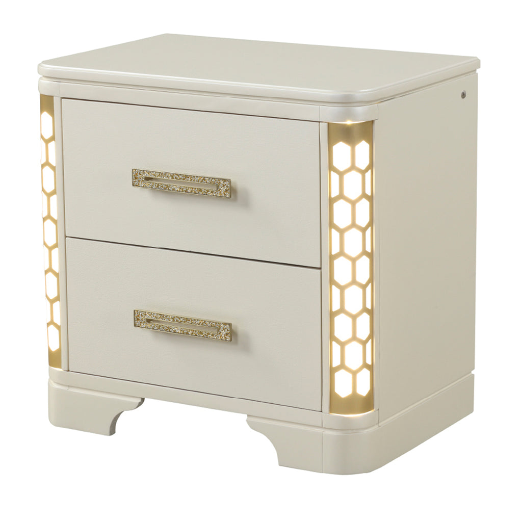 Jasmine Queen 5 Pc LED Bedroom Set in Beige made with Wood and Gold Accents - Grand Goldman Shop
