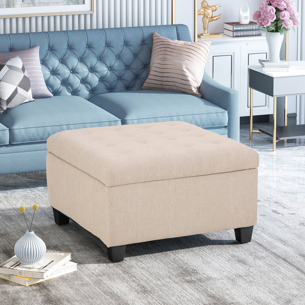 ISABELLA Ottoman Storage Solution in Wheat Fabric with Birch Legs - Grand Goldman Shop